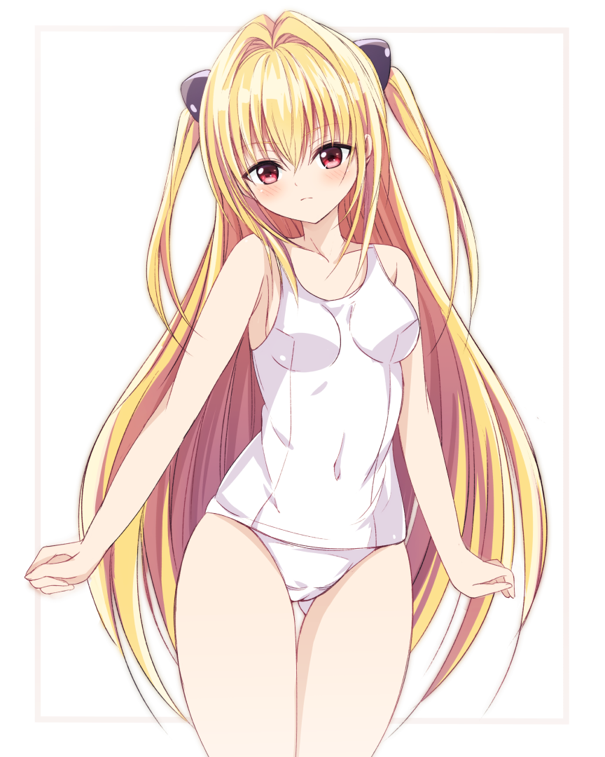 1girl a-pose alternate_costume bare_arms blonde_hair blush breasts cameltoe closed_mouth collarbone commentary_request covered_navel cowboy_shot eyes_visible_through_hair frown gluteal_fold hair_intakes kaze_(kaze_kaza) konjiki_no_yami long_hair looking_at_viewer medium_breasts one-piece_swimsuit red_eyes school_swimsuit sidelocks simple_background solo split_mouth straight_hair swimsuit thigh_gap thighs to_love-ru to_love-ru_darkness tsurime two_side_up very_long_hair white_background white_one-piece_swimsuit