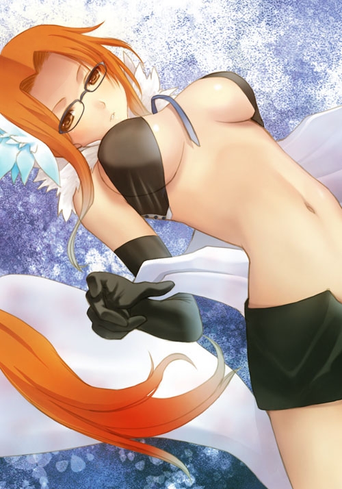 10s 1girl breasts cleavage devil_survivor_(series) devil_survivor_2 dutch_angle elbow_gloves female_focus glasses gloves kujou_hinako long_hair matching_hair/eyes miniskirt navel orange_eyes orange_hair seiru_(prairie) shawl skirt solo underboob