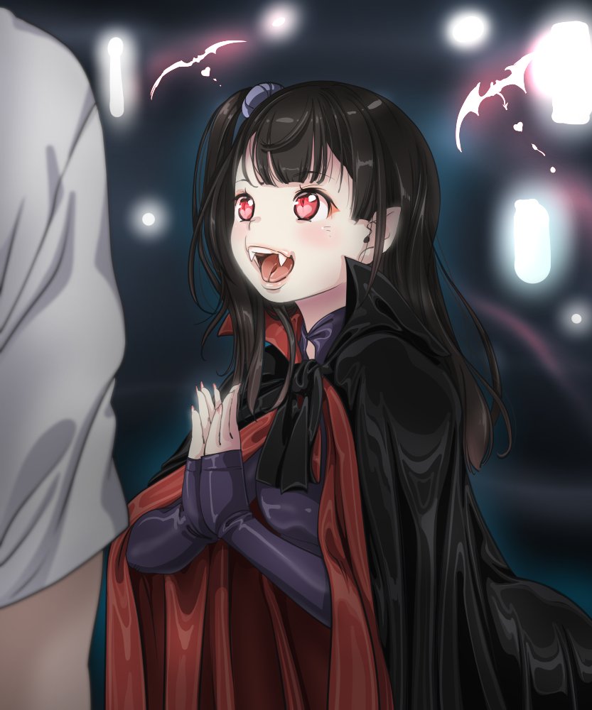 1boy 1girl cape character_request copyright_request dress fangs forked_tongue happy one_side_up own_hands_together purple_dress red_eyes shirt slit_pupils smile tongue vampire white_shirt yozora