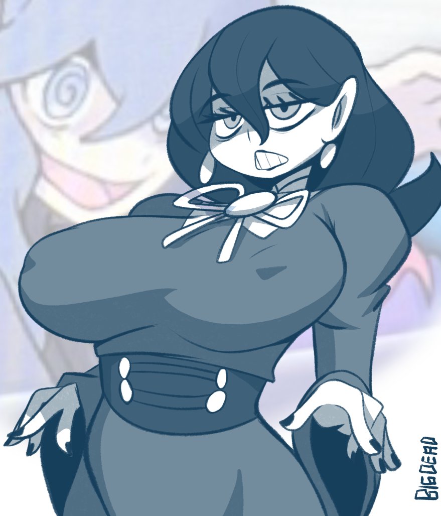 1girl alternate_breast_size artist_name bags_under_eyes bigdead black_eyes black_hair black_shoes blue_theme breasts clenched_teeth colored_inner_hair commentary covered_erect_nipples dress earrings english_commentary eyelashes eyeshadow hair_between_eyes hex_maniac_(pokemon) hex_maniac_(pokemon_legends:_z-a) jewelry jitome juliet_sleeves large_breasts lipstick long_hair long_sleeves looking_ahead makeup monochrome multicolored_hair nail_polish neck_ribbon nintendo open_mouth pantyhose pokemon pokemon_legends:_z-a puffy_sleeves purple_eyeshadow reference_work ribbon sharp_teeth shoes signature simple_background sleeves_past_wrists solo spot_color teeth upper_body white_background wide_sleeves