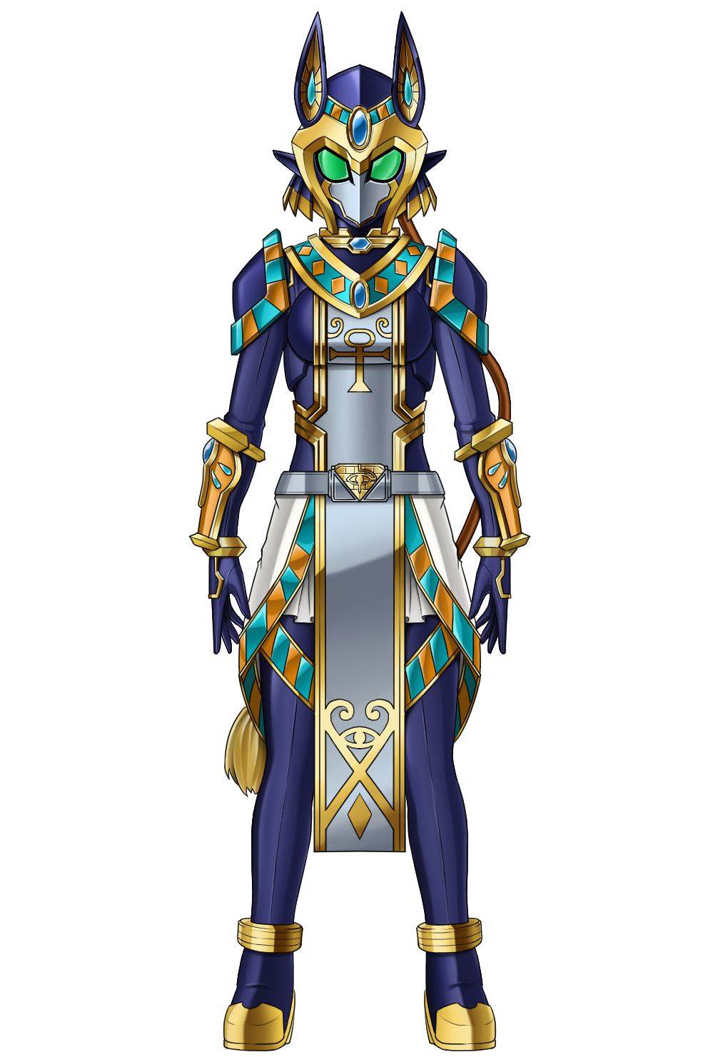 1boy amun_(sentai_red_ga_isekai_de_boukensha_ni_naru) armor azir_anuma_kukuja blue_armor blue_bodysuit blue_helmet bodysuit full_body grapait green_eyes helmet highres male_focus sentai_red_ga_isekai_de_boukensha_ni_naru simple_background solo standing white_background