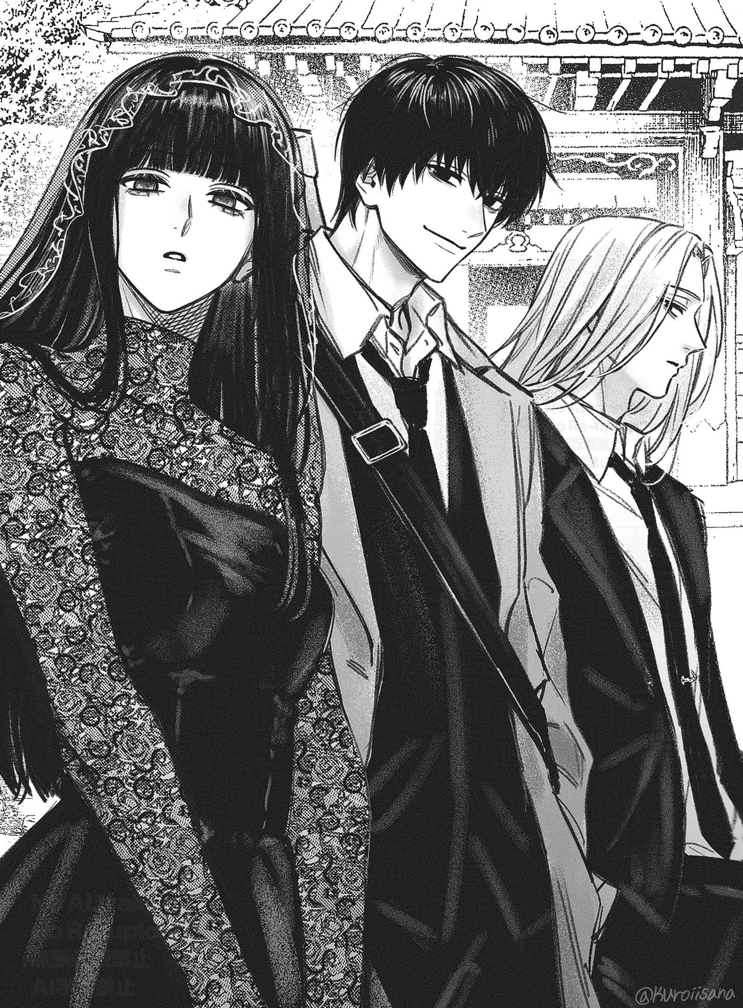 1girl 2boys black_dress black_hair black_jacket black_pants coat collared_shirt dress greyscale highres jacket kuroiisana long_hair looking_at_viewer medium_hair monochrome multiple_boys nagumo_(sakamoto_days) necktie osaragi_(sakamoto_days) outdoors pants sakamoto_days shirt shishiba_(sakamoto_days) short_hair standing suit_jacket temple upper_body veil white_shirt