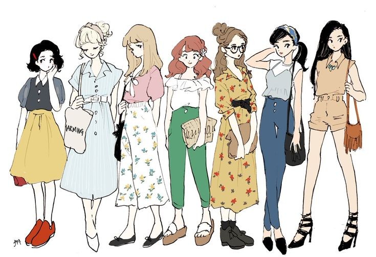 6+girls alternate_costume alternate_skin_color ariel_(disney) aurora_(disney) bag beauty_and_the_beast belle_(disney) black_hair blonde_hair blouse blue_dress bob_cut bow brown_hair cinderella cinderella_(disney) denim disney dress fa_mulan_(disney) fashion floral_print fringe_trim green_pants hair_bun handbag headband high_heels jeans layered_shirt long_dress long_hair mulan_(movie) multiple_girls off-shoulder_shirt off_shoulder pants pink_shirt pocahontas_(disney) pocahontas_(movie) ponytail princess print_dress print_pants red_hair rikuwo sandals see-through_clothes see-through_sleeves shirt short_hair shorts single_hair_bun skirt sleeping_beauty snow_white_(disney) snow_white_and_the_seven_dwarfs sweater_vest tank_top the_little_mermaid_(disney) yellow_dress yellow_skirt