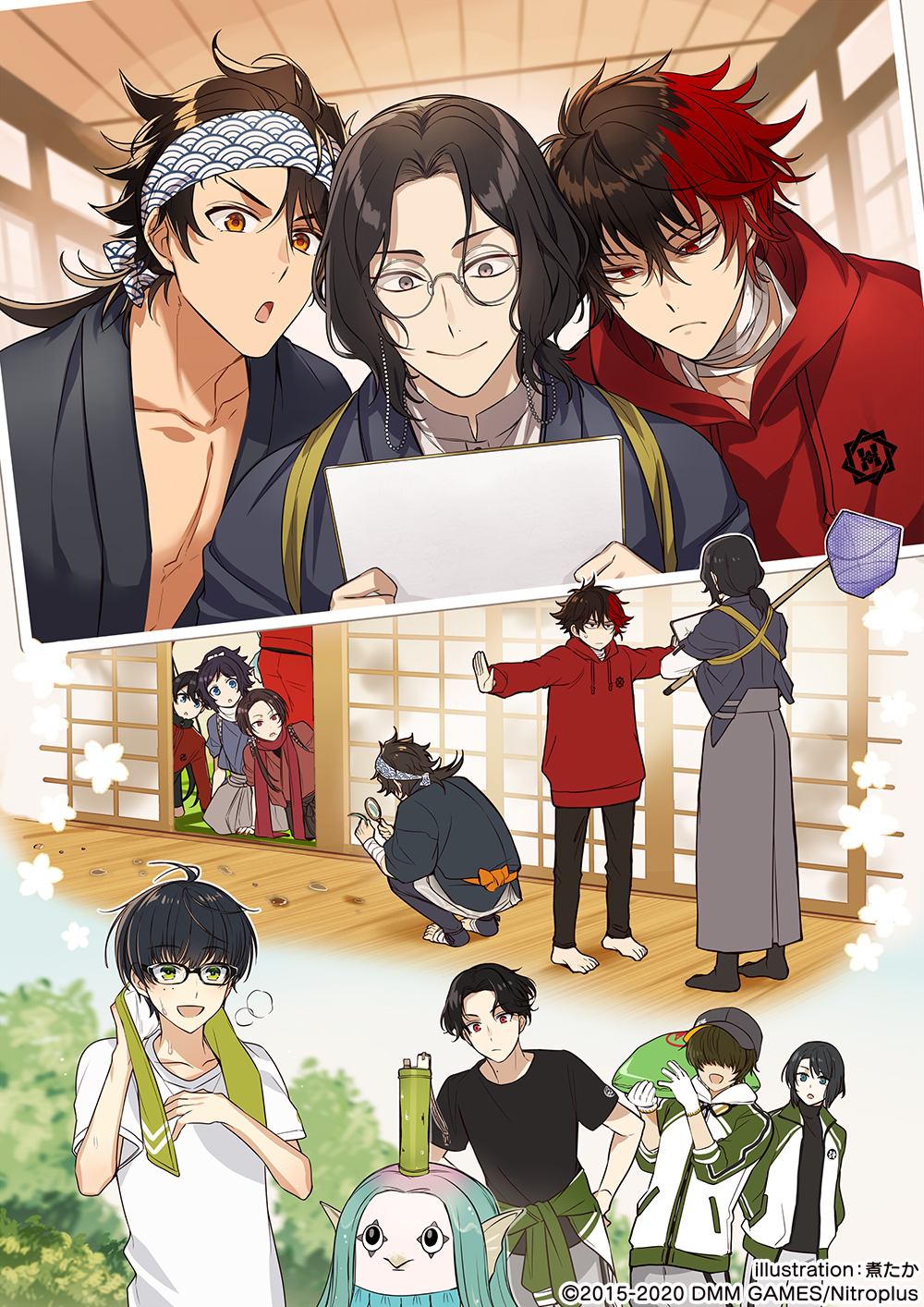 6+boys :d ahoge amabie bandana baseball_cap black-framed_eyewear black_hair blue_eyes brown_hair butterfly_net buzen_gou clothes_around_waist glasses gloves green_eyes grey_eyes hair_over_eyes hakama hakama_skirt hand_net hands_in_pockets hat highres hizen_tadahiro hood hoodie horikawa_kunihiro jacket japanese_clothes kashuu_kiyomitsu kotegiri_gou kuwana_gou_(touken_ranbu) magnifying_glass male_focus matsui_gou mole mole_on_neck mole_under_eye mole_under_mouth multicolored_hair multiple_boys mutsu-no-kami_yoshiyuki nankaitarou_chouson nitaka_(fujikichi) official_art open_mouth ponytail red_eyes red_hair red_scarf scarf seigaiha skirt smile squatting sweat touken_ranbu towel towel_around_neck track_jacket track_suit two-tone_hair white_gloves white_scarf yamato-no-kami_yasusada yellow_eyes traditional_youkai
