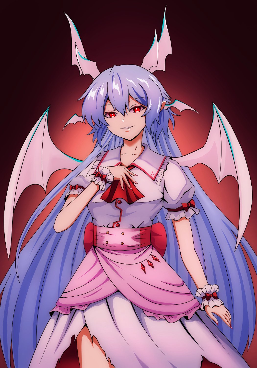 1girl adapted_costume alternate_costume alternate_hair_length alternate_hairstyle alternate_wing_color ascot bat_wings blue_hair collared_shirt commentary_request frilled_shirt_collar frills hair_between_eyes head_wings highres jewelry long_hair looking_at_viewer merihari07 multiple_wings pink_shirt pink_skirt puffy_short_sleeves puffy_sleeves red_background red_eyes red_nails remilia_scarlet remilia_scarlet_(modern-day_makai&#039;s_charismatic_mistress) shirt short_sleeves skirt smile solo torn_clothes torn_skirt touhou touhou_lostword very_long_hair white_wings wings wrist_cuffs
