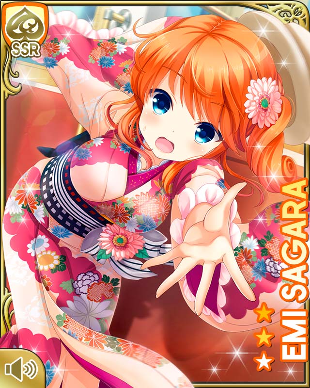 1girl :o blue_eyes breasts card_(medium) character_name cosplay flower girlfriend_(kari) hair_flower hair_ornament hat japanese_clothes kimono large_breasts looking_at_viewer medium_hair official_art open_mouth orange_hair outdoors pink_flower qp:flapper red_kimono sagara_emi sash standing tagme taishou_era two_side_up