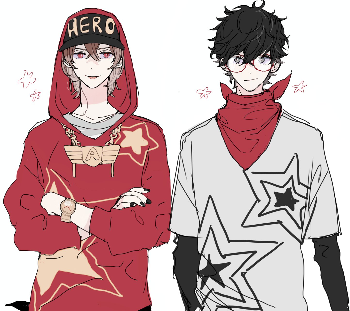 2boys :p akechi_gorou amamiya_ren bandana bandana_around_neck baseball_cap black_hat black_nails black_shirt brown_hair closed_mouth collarbone cowboy_shot crew_neck crossed_arms crossed_bangs dot_nose glasses grey_eyes grey_shirt hat highres hood hood_up hoodie jewelry layered_sleeves long_sleeves looking_at_viewer male_focus meimei_hituzi multiple_boys nail_polish necklace official_alternate_costume persona persona_5 persona_5:_dancing_star_night persona_dancing print_hoodie print_shirt red-framed_eyewear red_bandana red_hoodie shirt short_over_long_sleeves short_sleeves side-by-side smile star_(symbol) star_print straight-on tongue tongue_out watch wristwatch