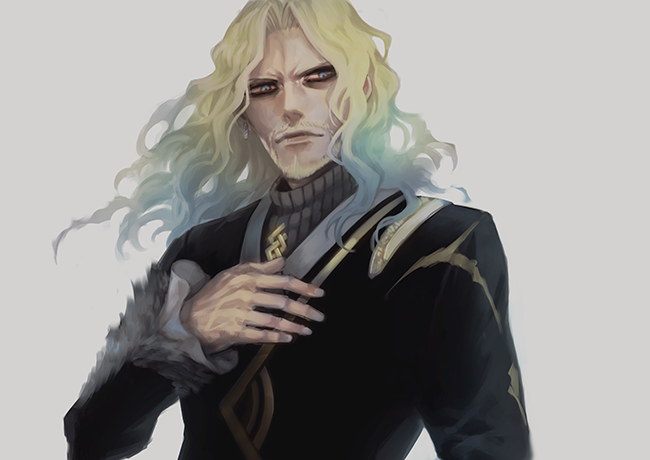 1boy beard black_jacket blonde_hair blue_eyes closed_mouth connected_beard facial_hair fate/grand_order fate_(series) fingernails gradient_hair grey_background grey_hair iduhara_jugo jacket long_hair long_sleeves male_focus mature_male multicolored_hair ribbed_sweater simple_background solo sweater upper_body vlad_iii_(fate/apocrypha) wavy_hair