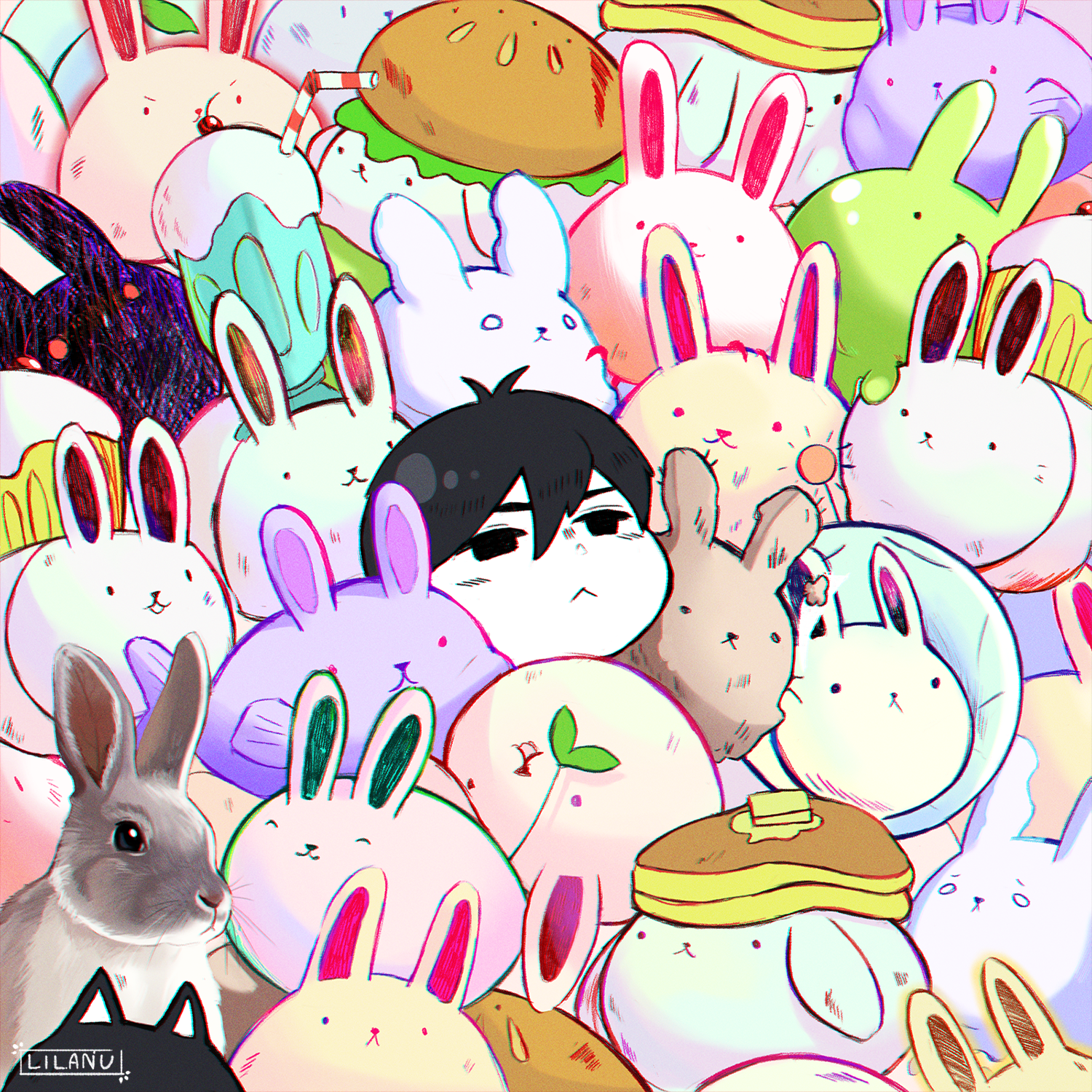 1boy :< animal black_cat black_eyes black_fur black_hair blush bread bun_bunny_(omori) burger cat chibi crowded cupcake cupcake_bunny_(omori) drinking_straw dust_bunny_(omori) food forest_bunny?_(omori) forest_bunny_(omori) frown ghost_bunny_(omori) hair_between_eyes hat helmet highres ice_cream leaf lilanu looking_up mewo milkshake_bunny omori omori_(omori) pancake pancake_bunny_(omori) rabbit rabbit?_(omori) red_eyes short_hair slime_(creature) slime_bunny_(omori) snow_bunny_(omori) space_bunny_(omori) space_helmet sprout_bunny_(omori) too_many too_many_rabbits white_eyes
