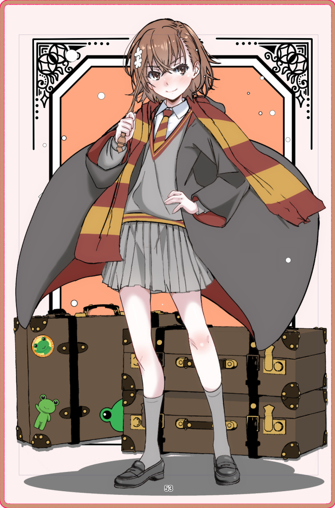 1girl blush bob_cut border breasts bright_pupils brown_eyes brown_hair cape cloak closed_mouth collared_shirt crossed_bangs diagonal-striped_clothes diagonal-striped_necktie dress_shirt floating_cape floating_clothes flower full_body gekota grey_cloak grey_skirt grey_socks grey_sweater gryffindor hair_between_eyes hair_flower hair_ornament hairclip hand_on_own_hip hand_up harry_potter_(series) holding holding_wand kneehighs loafers looking_at_viewer misaka_mikoto necktie niea nose_blush orange_background parody partially_colored pleated_skirt red_necktie red_scarf red_trim scarf school_uniform shirt shoes short_hair skirt small_breasts smile socks solo squeans standing striped_clothes striped_scarf suitcase sweater toaru_kagaku_no_railgun toaru_majutsu_no_index trim_marks two-sided_cape two-sided_fabric two-tone_necktie two-tone_scarf v-neck wand white_border white_shirt wizarding_world yellow_necktie yellow_scarf yellow_trim