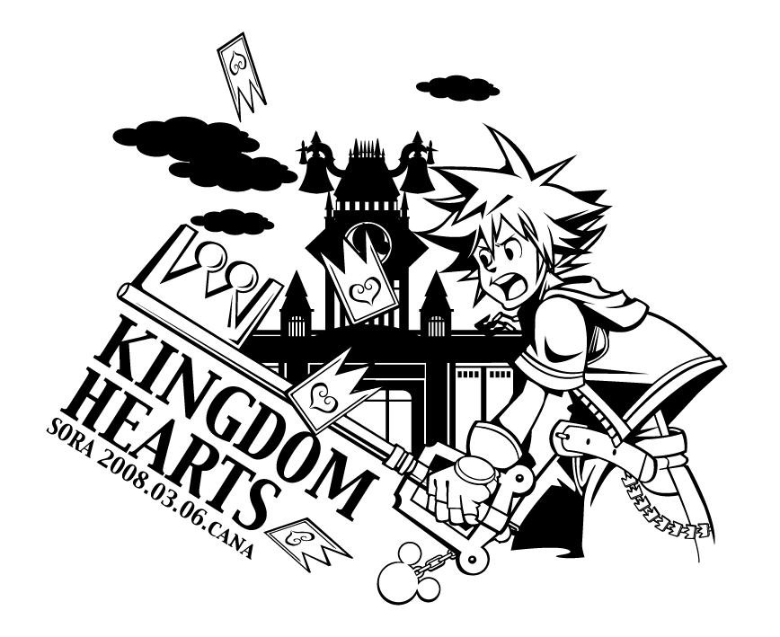 1boy card castle character_name copyright_name cropped_legs dated fingerless_gloves gloves greyscale holding holding_weapon jacket keyblade kingdom_hearts kingdom_hearts:_chain_of_memories lineart male_focus monochrome open_mouth pants sora_(kingdom_hearts) spiked_hair umami_(cana7227) weapon