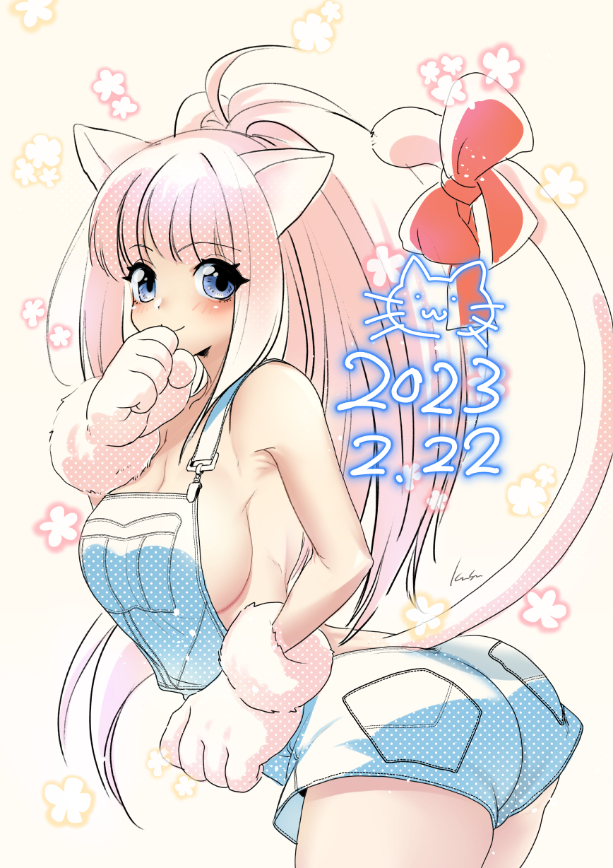 1girl animal_ears animal_hands armpits backless_outfit bare_shoulders blue_eyes blue_overalls blush breasts cat_ears cat_tail clenched_hand closed_mouth cowboy_shot dated gloves hand_on_own_face high_ponytail highres kusu_(moo1225) large_breasts long_hair looking_at_viewer melody_sinclair overalls paw_gloves pink_hair ponytail ribbon sideboob simple_background smile solo standing tail tail_ornament tail_ribbon thighs white_background wide_ponytail yuukyuu_gensoukyoku