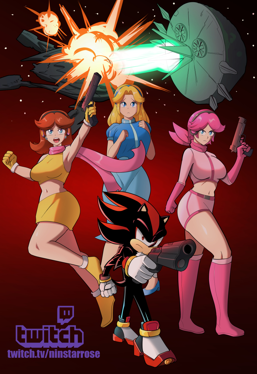 1boy 3girls assentlov blonde_hair blue_eyes boots breasts brown_hair comet earrings explosion expressionless flower_earrings furry gloves highres jewelry laser maria_robotnik mario_(series) midriff multiple_girls nintendo open_mouth original pianta pink_hair princess_daisy red_eyes scarf sega serious shadow_the_hedgehog shadow_the_hedgehog_(game) ship skirt sonic_(series) sonic_adventure_2 space_colony_ark super_mario_land twitch watercraft