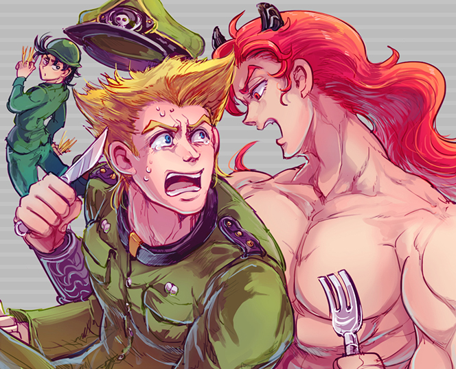 3boys bad_id bad_pixiv_id blonde_hair blue_eyes chocoblood flattop fork helmet horns jojo_no_kimyou_na_bouken joseph_joestar joseph_joestar_(young) knife long_hair male_focus military military_uniform multiple_boys red_hair rudolph_von_stroheim santana_(jojo) tears