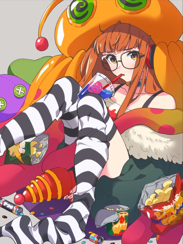 1girl alien alien_costume bare_shoulders black_tank_top black_vest blunt_bangs button_eyes buttons candy chips_(food) chocolate coat cup drink drinking_straw drinking_straw_in_mouth energy_gun food fur-trimmed_coat fur_trim glasses green_coat gun headphones hime_cut holding holding_gun holding_toy holding_weapon legs_up long_hair loose_thighhigh off-shoulder_shirt off_shoulder open_mouth orange_hair persona persona_5 potato_chips ray_gun sakura_futaba shirt slushie snack solo_focus spill striped_clothes striped_thighhighs stuffed_toy sweets t-shirt tank_top tentacles thighhighs toy toy_gun vest wadaiez weapon white_shirt