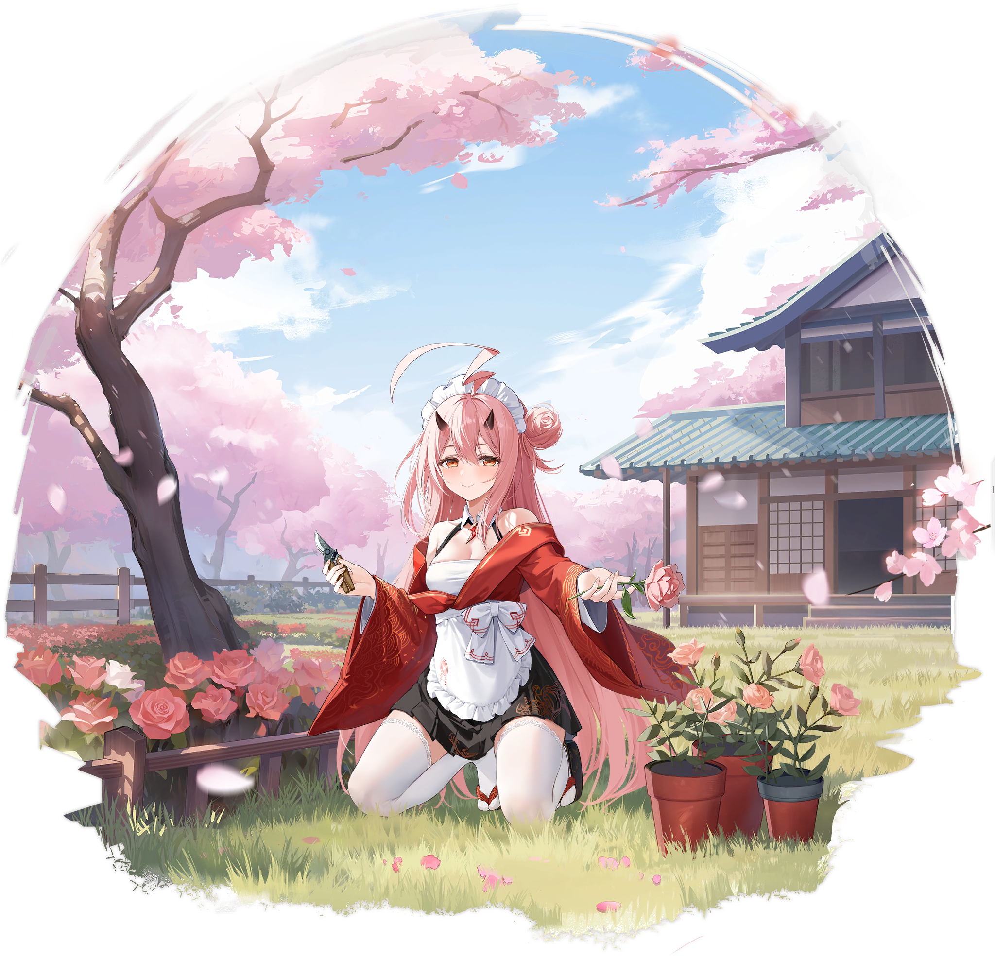 1girl apron azur_lane bare_shoulders blue_sky breasts cherry_blossoms closed_mouth cloud cloudy_sky flower flower_pot full_body grass hair_bun highres holding holding_flower horns ikazuchi_(azur_lane) ikazuchi_(courtyard_maid_ikazuchi)_(azur_lane) japanese_clothes kneeling long_hair looking_at_viewer maid maid_headdress off_shoulder official_art ootsuki_momiji petals pink_hair gardening_shears red_eyes rose sandals sky small_breasts smile thighhighs tree waist_apron wide_sleeves zettai_ryouiki