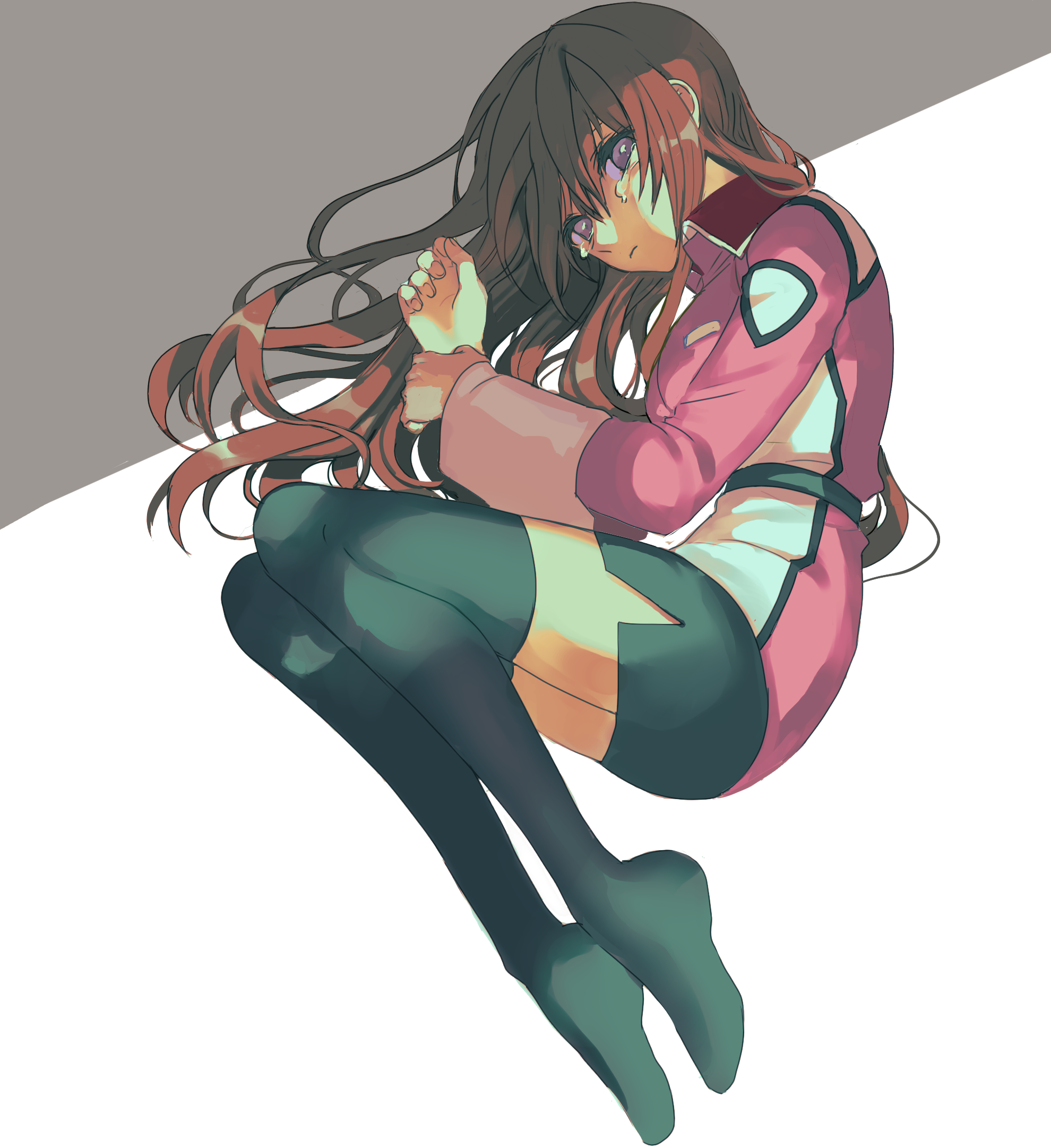 1girl black_skirt black_thighhighs brown_hair closed_mouth commentary_request crying crying_with_eyes_open from_above genderswap genderswap_(mtf) gundam gundam_seed hand_on_own_wrist highres jacket kira_yamato long_hair long_sleeves looking_at_viewer lying military_uniform no_shoes on_side pink_jacket purple_eyes seed0x0 simple_background skirt solo tears thighhighs two-tone_background zettai_ryouiki