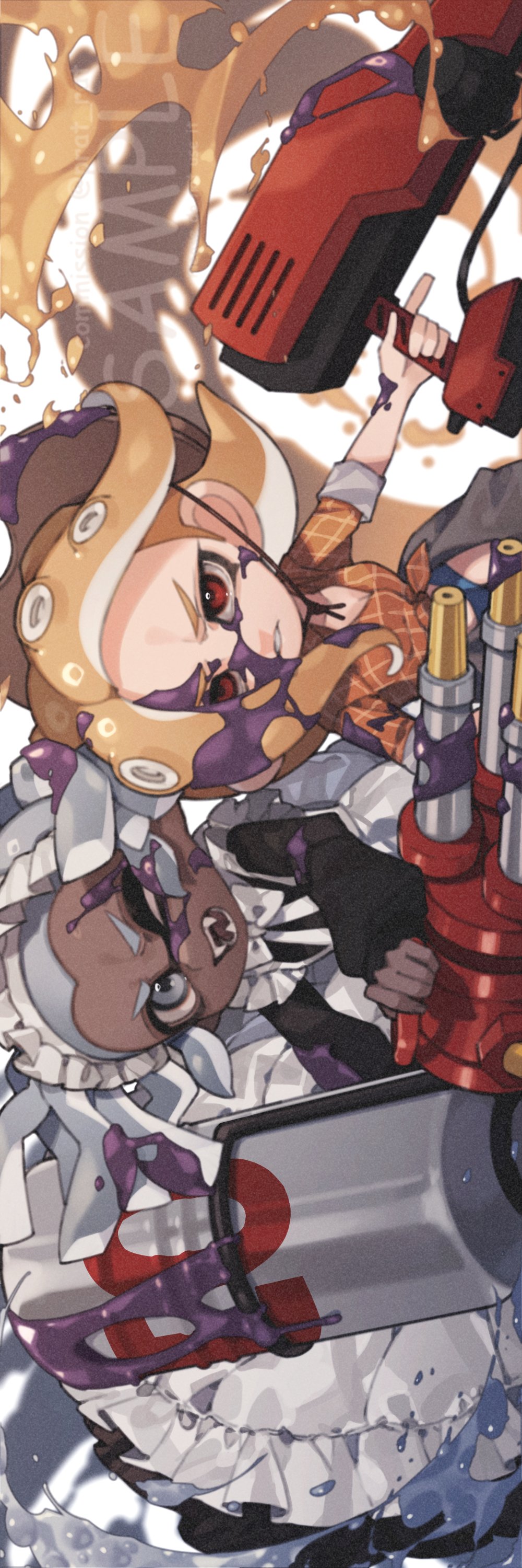 2girls absurdres apron black_dress blonde_hair bow bowtie brown_hat chin_strap clenched_teeth collared_dress commentary commission dark-skinned_female dark_skin dress dual_squelcher_(splatoon) english_commentary fangs film_grain floating_hair grey_eyes grey_hair hat highres holding holding_weapon hydra_splatling_(splatoon) inkling inkling_girl inkling_player_character maid maid_headdress medium_hair multiple_girls nintendo octoling octoling_girl octoling_player_character one_eye_closed open_mouth orange_shirt paint_splatter paint_splatter_on_face parted_bangs plaid_clothes plaid_shirt pointy_ears prat_rat red_eyes sample_watermark shirt short_hair short_twintails sideways sleeves_rolled_up splatoon_(series) suction_cups teeth tentacle_hair twintails v-shaped_eyebrows watermark weapon white_apron white_bow white_bowtie