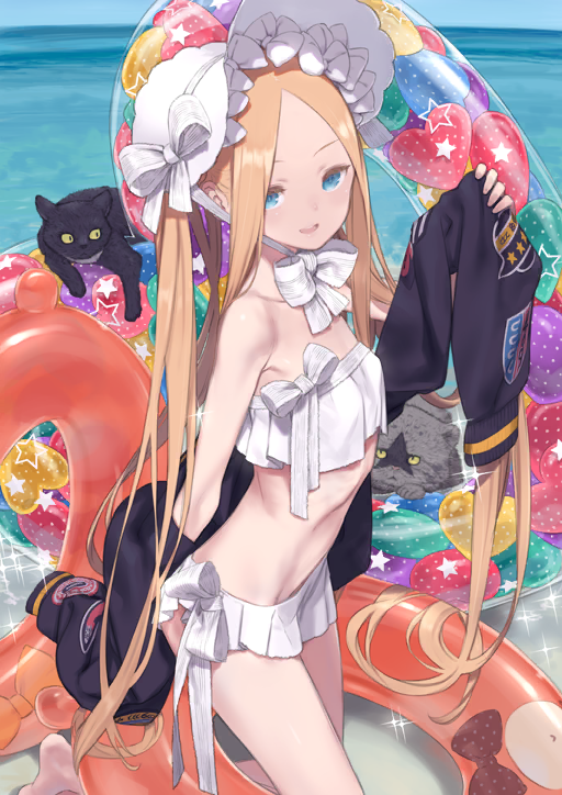 1girl abigail_williams_(fate) abigail_williams_(swimsuit_foreigner)_(fate) abigail_williams_(swimsuit_foreigner)_(third_ascension)_(fate) animal arm_behind_back bare_legs bare_shoulders barefoot beach bikini bikini_skirt black_cat blonde_hair blue_eyes bonnet bow bow_bikini breasts cat chin_strap cowboy_shot fate/grand_order fate_(series) from_side game_cg grey_cat hand_up heart holding holding_jacket holding_unworn_clothes horizon innertube jacket kneeling kuroboshi_kouhaku long_hair long_sidelocks looking_at_viewer luthar_(fate) microskirt nosh_(fate) ocean official_art open_mouth parted_bangs sidelocks skinny skirt small_breasts solo sparkle star_(symbol) strapless strapless_bikini swim_ring swimsuit teeth third-party_source unworn_jacket upper_teeth_only very_long_hair water white_bikini white_bonnet