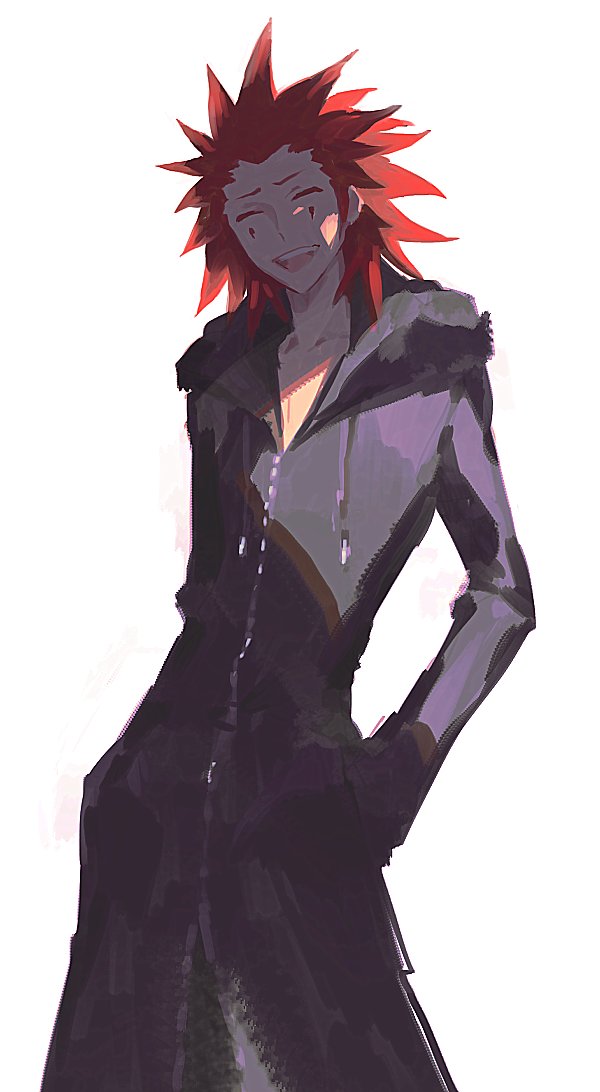 1boy axel_(kingdom_hearts) black_coat_(kingdom_hearts) closed_eyes domu_(hamadura) facial_mark hand_in_pocket hood hood_down hooded_coat kingdom_hearts long_coat male_focus medium_hair open_mouth red_hair smile spiked_hair teeth upper_teeth_only white_background