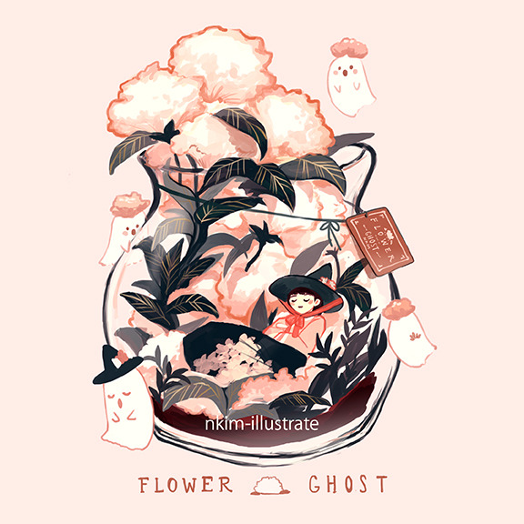 artist_name bottle english_text flower food food_focus ghost glass hat leaf nadia_kim no_humans original pink_background witch_hat