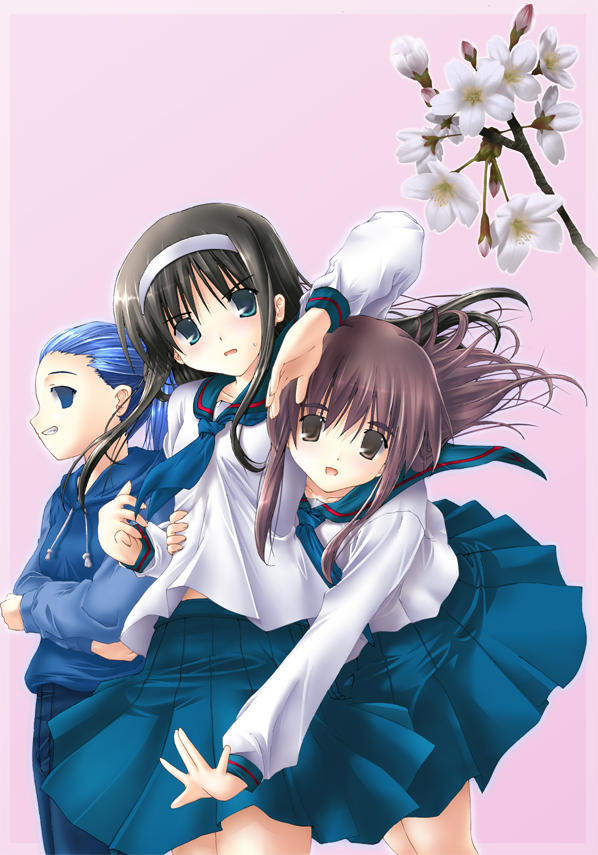 00s 3girls bad_anatomy bad_hands blue_eyes blush cherry_blossoms floating_hair flower groping looking_at_viewer misawa_hanei multiple_girls pink_background poorly_drawn profile school_uniform serafuku simple_background smile sweatdrop tohno_akiha tsukihime tsukihime_souka