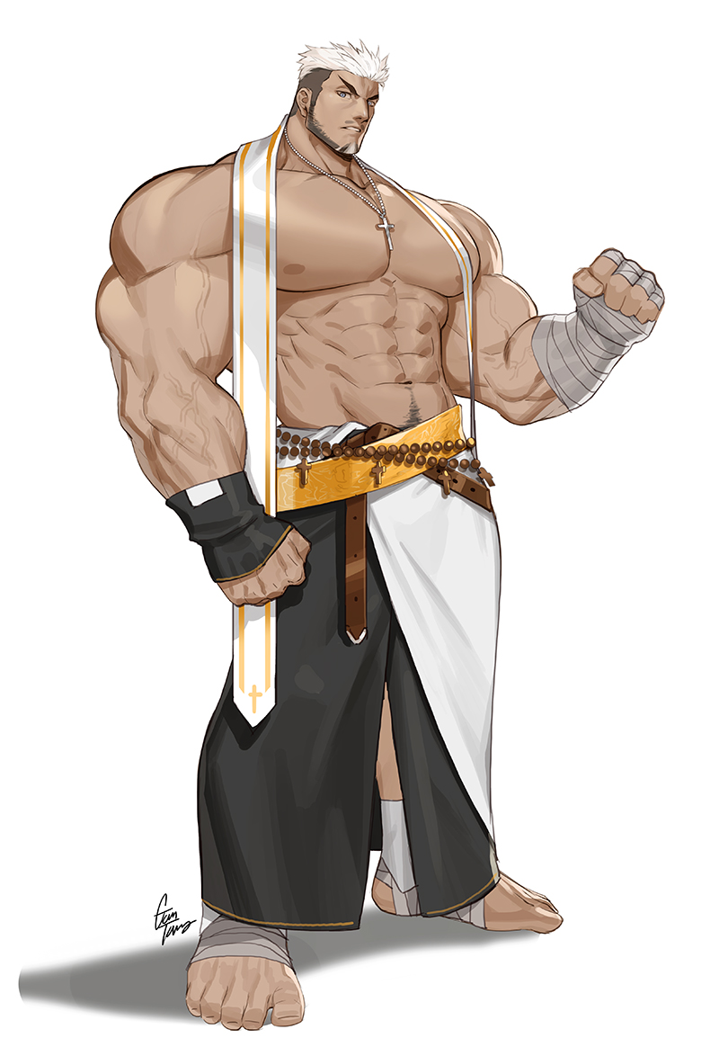 1boy abs artist_name bandaged_foot bandaged_hand bandages bara bead_belt beads beard belt biceps black_hair blue_eyes clenched_hands cross cross_necklace facial_hair fingerless_gloves gloves gomtang jewelry large_pectorals leather leather_belt long_skirt looking_at_viewer male_focus manly mature_male multicolored_hair muscular muscular_arms muscular_male navel navel_hair necklace nipples original pectorals priest signature skirt solo spiked_hair teeth topless_male undercut veins veiny_arms white_hair