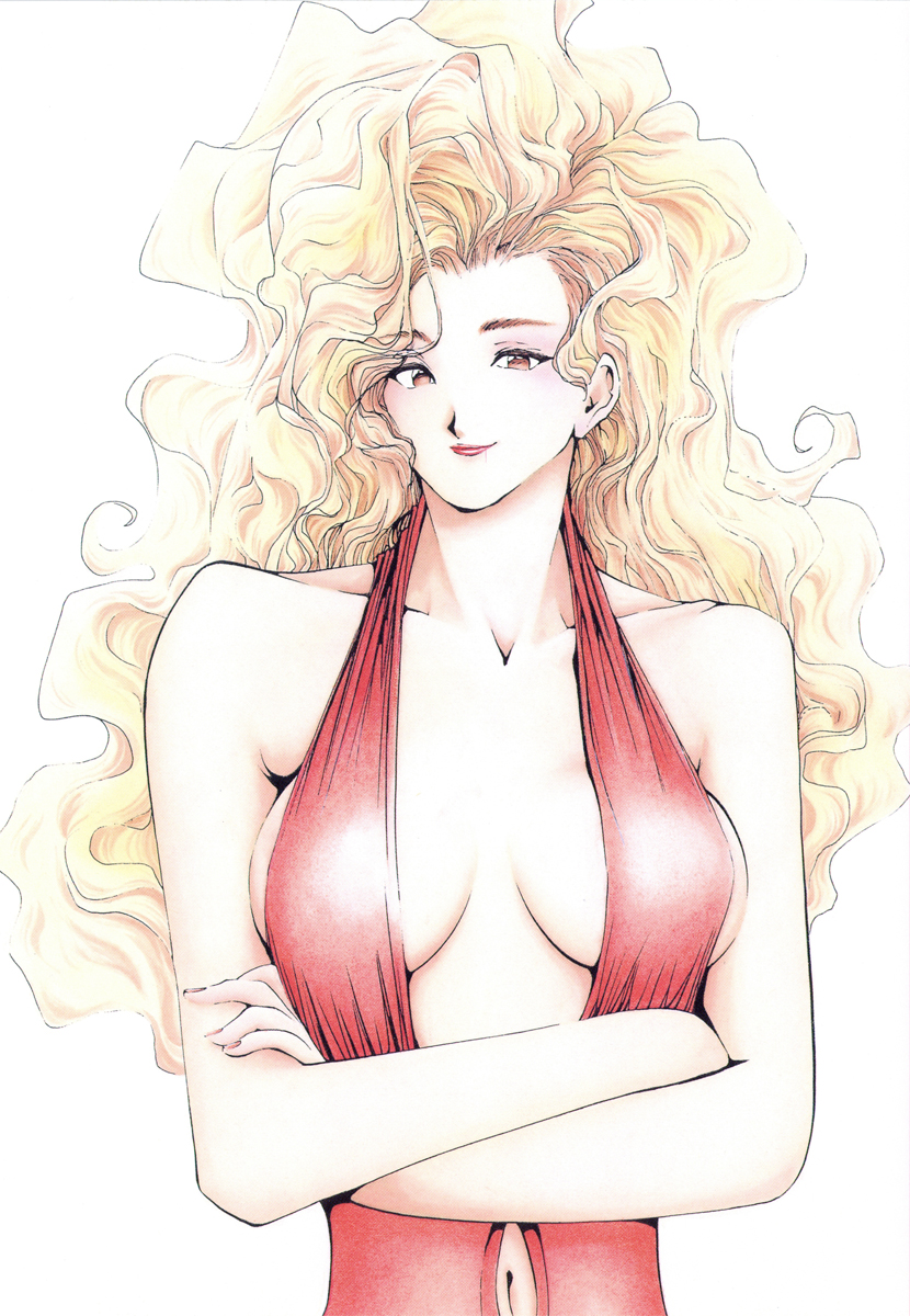 1girl bare_shoulders blonde_hair breasts cleavage closed_mouth clothing_cutout crossed_arms dress egawa_tatsuya eyeshadow female_focus golden_boy highres large_breasts light_smile long_hair looking_at_viewer makeup navel navel_cutout official_art onna_shachou orange_eyes red_dress revealing_clothes simple_background smile solo upper_body wavy_hair white_background