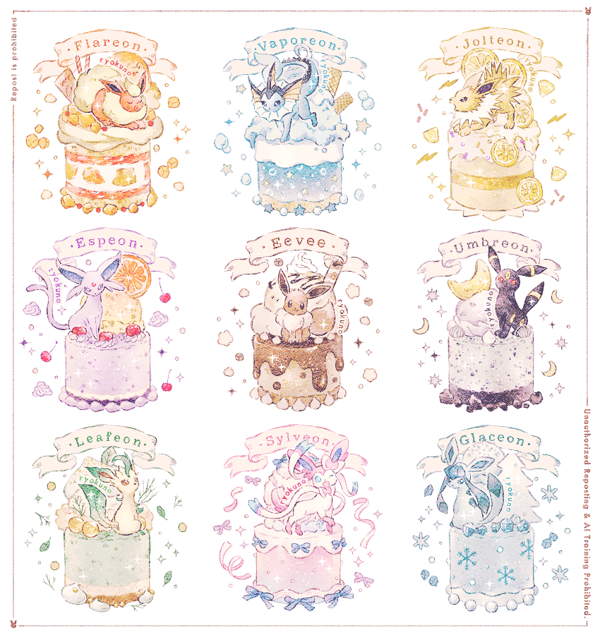 bow bubble cake cherry chocolate crescent eevee espeon flareon food fruit gen_1_pokemon gen_2_pokemon gen_4_pokemon gen_6_pokemon glaceon ice_cream jolteon leaf leafeon lemon lemon_slice looking_at_viewer nintendo no_humans open_mouth orange_(fruit) orange_slice pokemon pokemon_(creature) ribbon ryokuno_green simple_background sitting snowflakes standing star_(symbol) sugar_cube sylveon umbreon vaporeon wafer whipped_cream white_background
