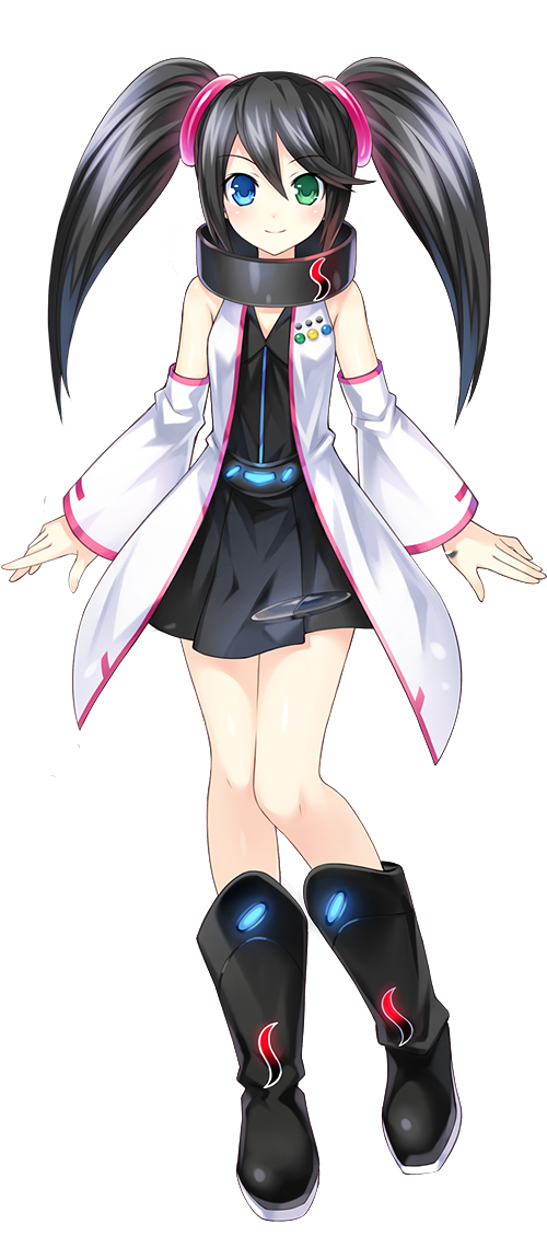 1girl black_dress black_hair blue_eyes blush boots choujigen_taisen_neptune_vs_sega_hard_girls coat dress female_focus full_body green_eyes heterochromia knee_boots long_hair looking_at_viewer official_art personification pleated_dress sega_hard_girls sega_saturn_(sega_hard_girls) short_dress sleeveless smile solo standing transparent_background tsunako twintails wide_sleeves
