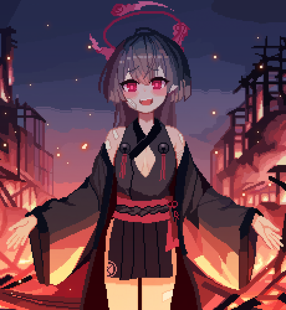 1girl :d bandaid bandaid_on_shoulder bare_shoulders bell black_kimono blue_archive blunt_bangs blush_stickers breasts bright_pupils commentary cowboy_shot detached_sleeves diamond_cutout evil_smile fire furrowed_brow grey_hair halo highres japanese_clothes jingle_bell kimono long_hair long_sleeves looking_at_viewer night open_hands open_mouth outdoors outstretched_arms pixel_art red_eyes red_halo red_sash sash shuro_(blue_archive) sideless_kimono small_breasts smile solo sparks straight-on teeth tinia_etru upper_teeth_only wide_sleeves