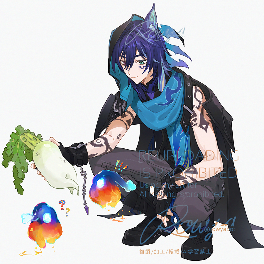 ! 1boy ? animal_ear_fluff animal_ears arm_tattoo artist_name bat_ears black_boots black_gloves black_jacket black_shirt blue_eyes blue_hair blue_scarf boots closed_mouth commentary_request cropped_jacket daikon facial_mark fingerless_gloves food genshin_impact gloves grey_pants hair_between_eyes hand_tattoo heterochromia holding holding_food hood hood_up hooded_jacket jacket male_focus medium_hair monetoo_(genshin_impact) multicolored_hair ororon_(genshin_impact) pants purple_eyes purple_hair purple_shirt radish rowya scarf shirt shoulder_tattoo sidelocks signature simple_background sleeveless sleeveless_shirt smile solo squatting streaked_hair tattoo twitter_username white_background