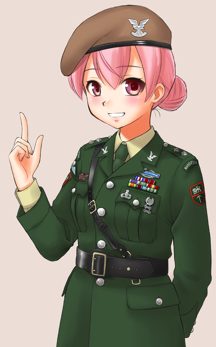 1970s 1girl belt beret black_belt bow brown_hat coat cowboy_shot ebifly green_coat grey_background hair_bow hand_up hat index_finger_raised long_sleeves looking_at_viewer medal military military_uniform original paratrooper pink_eyes pink_hair simple_background smile soldier solo