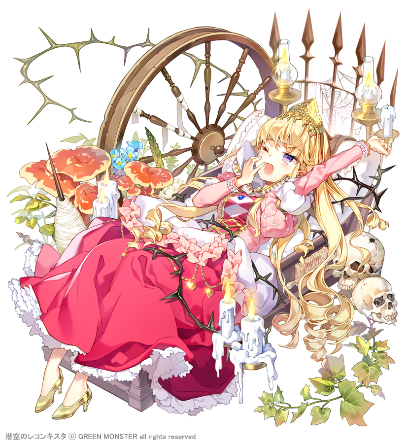 1girl arm_above_head arm_up bed blonde_hair blue_flower bracelet candle candlestand choppy_bangs copyright_notice crown dress fence flower frilled_dress frills full_body gilse gold_footwear gown grass hand_to_own_mouth high_collar high_heels ivy jewelry juliet_sleeves lantern long_hair long_sleeves lying mushroom official_art on_back one_eye_closed open_mouth outstretched_arm pearl_bracelet pillow pink_dress plant princess puffy_sleeves purple_eyes ringlets senkuu_no_reconquista silk skull sleeping_beauty_(disney) sleeping_beauty_(fairy_tale) solo spider_web spindle spinning_wheel thorns vines waking_up wax white_background yawning