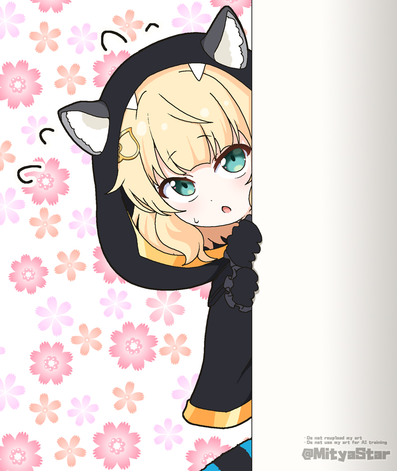 1girl animal_ear_fluff animal_ears black_gloves blonde_hair capelet commentary_request cosplay english_text fake_animal_ears floral_background flying_sweatdrops gloves gochuumon_wa_usagi_desu_ka? green_eyes hair_ornament hands_up hood hood_up hooded_capelet idol_corp kirima_syaro looking_at_viewer mitya parted_lips peeking_out poko_rakun poko_rakun_(cosplay) raccoon_ears raccoon_tail solo striped_tail sweat tail twitter_username virtual_youtuber watermark white_background