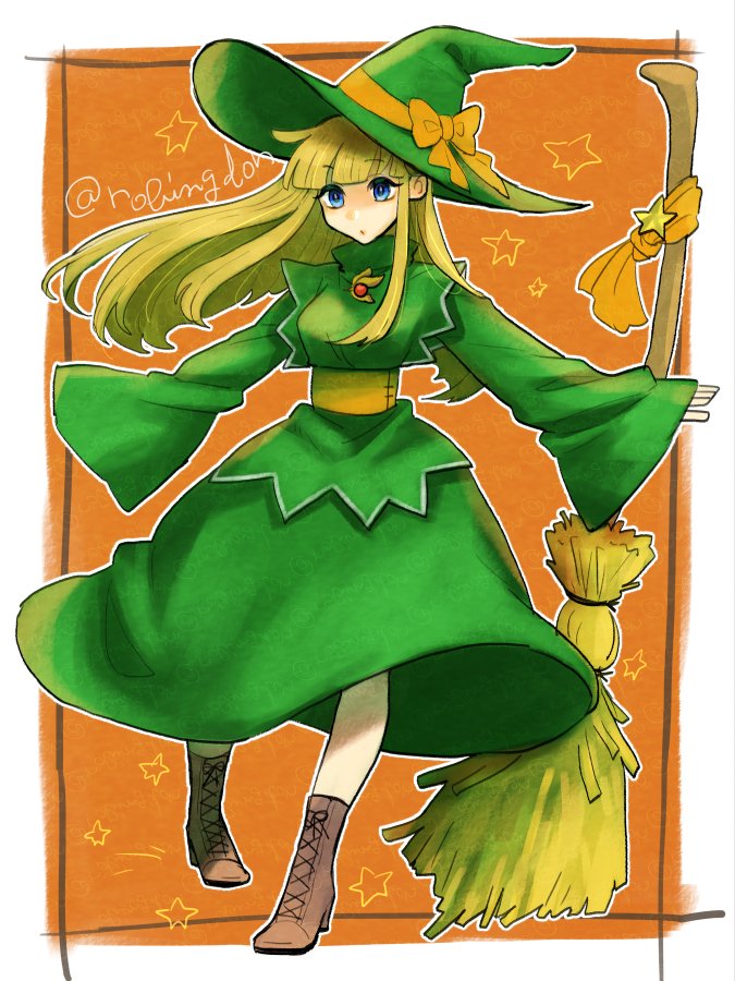 1girl blonde_hair blunt_bangs boots broom brown_boots dress full_body green_dress green_hat hat long_hair orange_background puyopuyo robingdon sidelocks sleeves_past_wrists solo twitter_username witch_(puyopuyo) witch_hat
