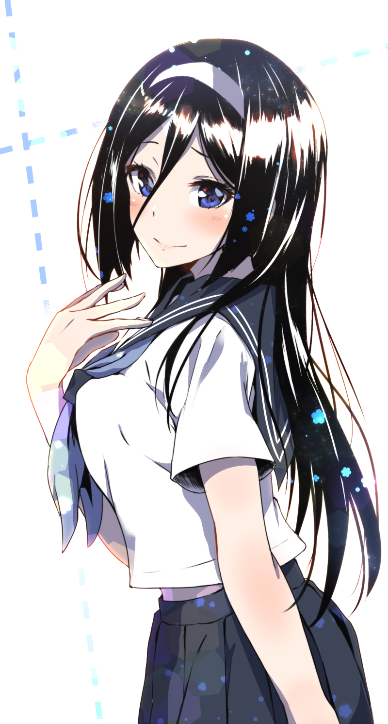 1girl black_hair black_sailor_collar black_skirt blue_eyes blue_neckerchief blush closed_mouth cowboy_shot from_side hair_between_eyes hairband hand_up highres hyouka irisu_fuyumi kamiyama_high_school_uniform_(hyouka) long_hair long_hair_between_eyes looking_at_viewer neckerchief pleated_skirt purple_neckerchief sahara386 sailor_collar school_uniform serafuku skirt white_hairband