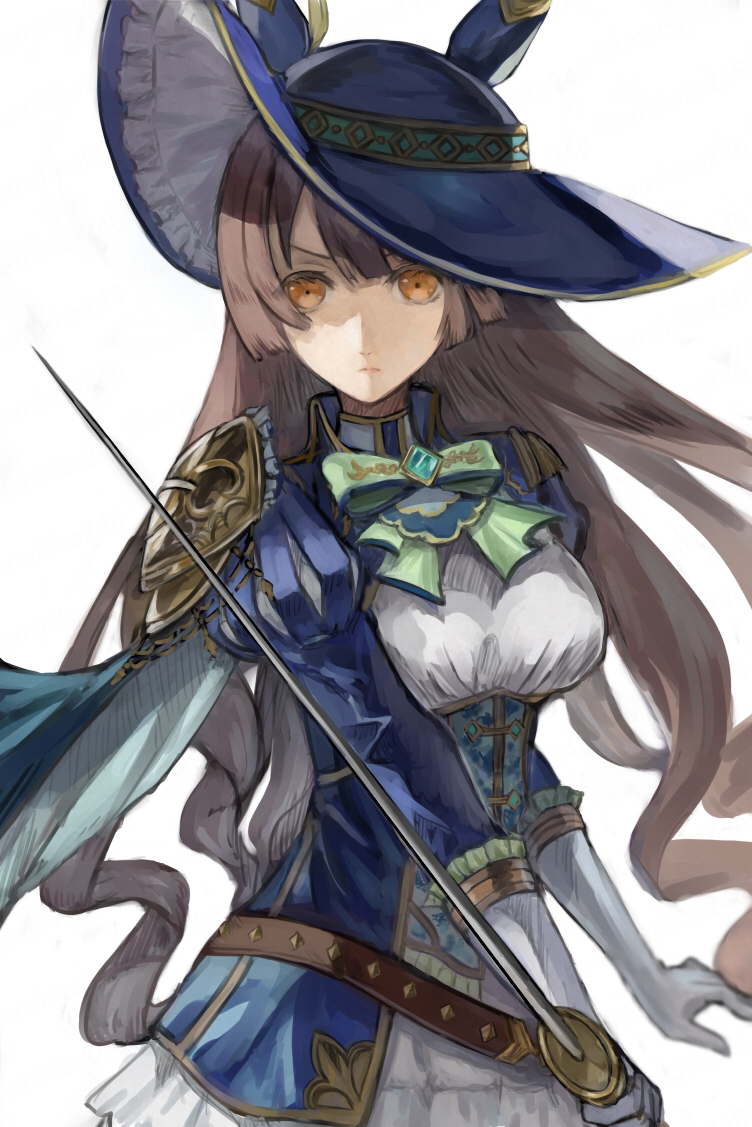 1girl blue_corset blue_hat blue_jacket blunt_sidelocks bow bowtie breasts brooch brown_eyes brown_hair cavalier_hat commentary_request corset cowboy_shot determined diamond_brooch double-parted_bangs epaulettes framed_breasts frilled_skirt frills gloves green_bow green_bowtie hair_between_eyes hat high_collar holding holding_sword holding_weapon jacket jewelry juliet_sleeves long_hair long_sleeves mai_yukari medium_breasts miniskirt official_alternate_costume official_alternate_hairstyle puffy_sleeves rapier satono_diamond_(chevalier_bleu)_(umamusume) satono_diamond_(umamusume) shirt sidelocks simple_background skirt solo sword umamusume underbust v-shaped_eyebrows very_long_hair weapon white_background white_gloves white_shirt white_skirt