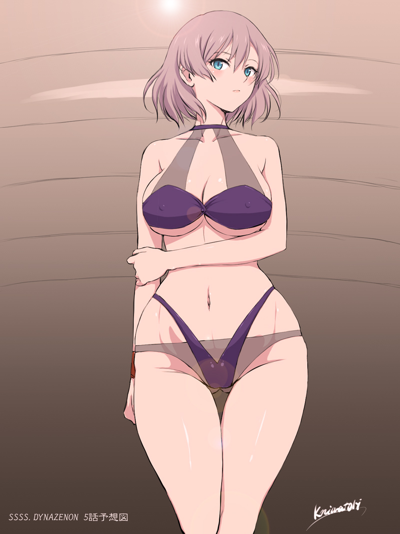 1girl bikini blue_eyes blush breasts cleavage closed_mouth collarbone covered_erect_nipples gridman_universe hair_between_eyes halterneck large_breasts mujina navel niwatori_kokezou purple_bikini see-through_clothes short_hair simple_background slit_pupils solo ssss.dynazenon swimsuit tagme thighs
