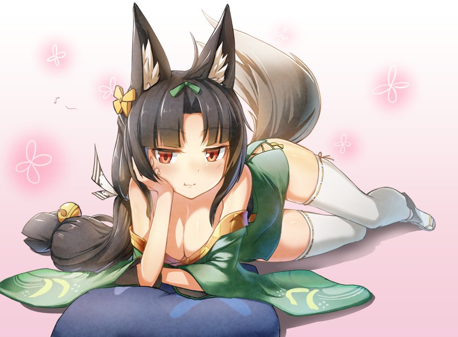 1girl alternate_breast_size animal_ears azur_lane bare_shoulders bell black_hair blush bow breasts cleavage commentary_request downblouse female_focus fox_ears hair_ornament iroia japanese_clothes kimono long_hair red_eyes ribbon smile solo yuubari_(azur_lane)