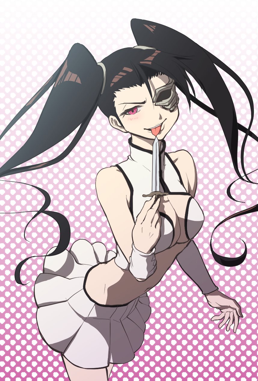 1girl artist_request bare_shoulders bleach blush breasts cleavage_cutout clothing_cutout crop_top crossed_arms feet_out_of_frame hair_over_one_eye highres holding holding_knife holding_weapon knife licking licking_weapon lips loly_aivirrne long_hair midriff miniskirt naughty_face navel one_eye_covered pink_eyes polka_dot polka_dot_background shirt simple_background skirt small_breasts smile standing straight_hair teeth thighhighs tongue tongue_out twintails two-tone_background weapon white_background wide_hips zettai_ryouiki