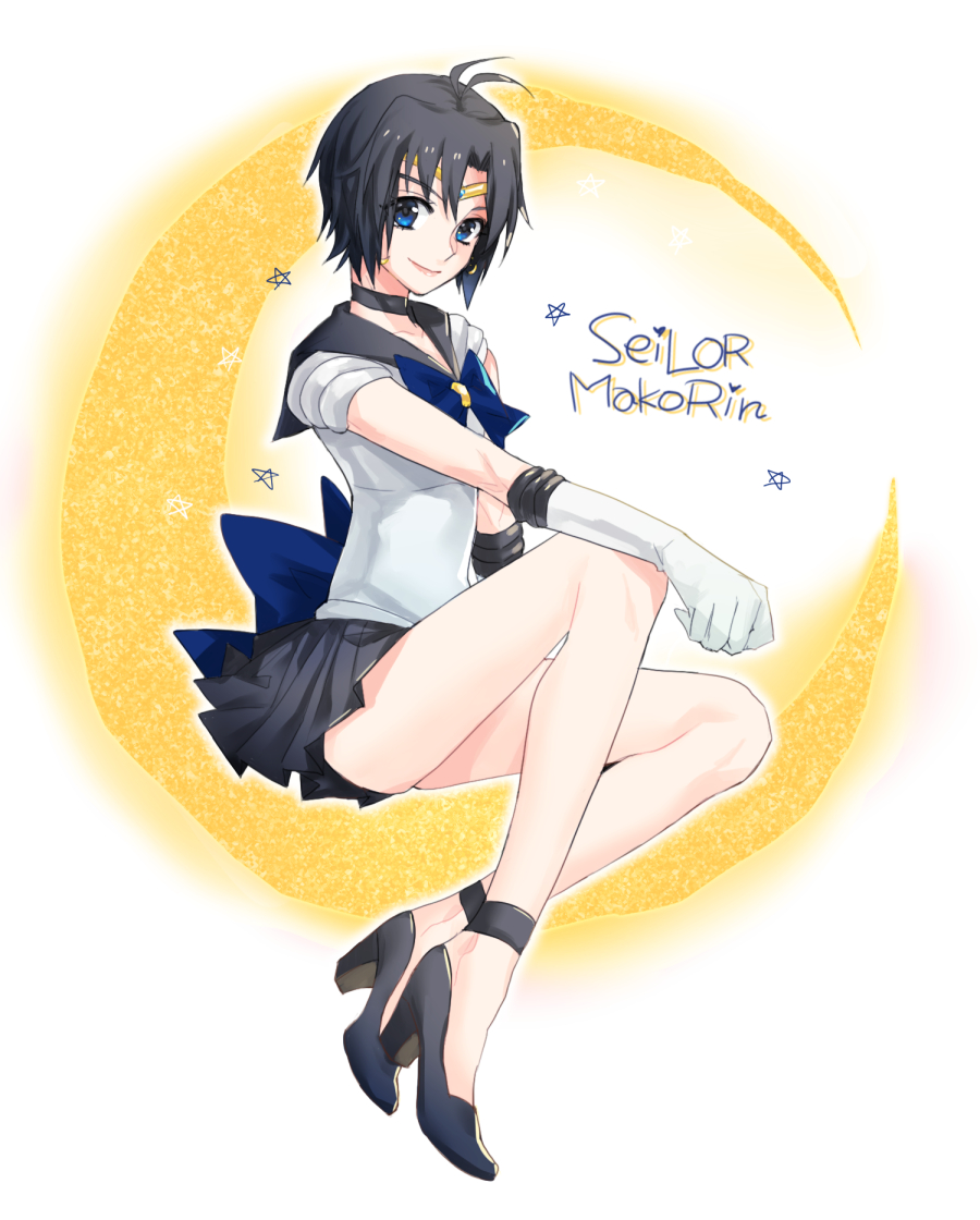 1girl ahoge bad_id bad_pixiv_id bishoujo_senshi_sailor_moon black_hair black_shoes blue_bow blue_eyes blue_skirt bow character_name choker collarbone cosplay elbow_gloves english_text engrish_text female_focus gloves high_heels idolmaster idolmaster_(classic) kikuchi_makoto large_bow leotard looking_at_viewer magical_girl miniskirt mizu_(kinimmm) moon ranguage sailor_collar sailor_mercury sailor_mercury_(cosplay) sailor_senshi sailor_senshi_(cosplay) shirt shoes short_hair short_sleeves sitting skirt smile solo star_(symbol) tiara unofficial_sailor_senshi_uniform white_background white_gloves white_shirt