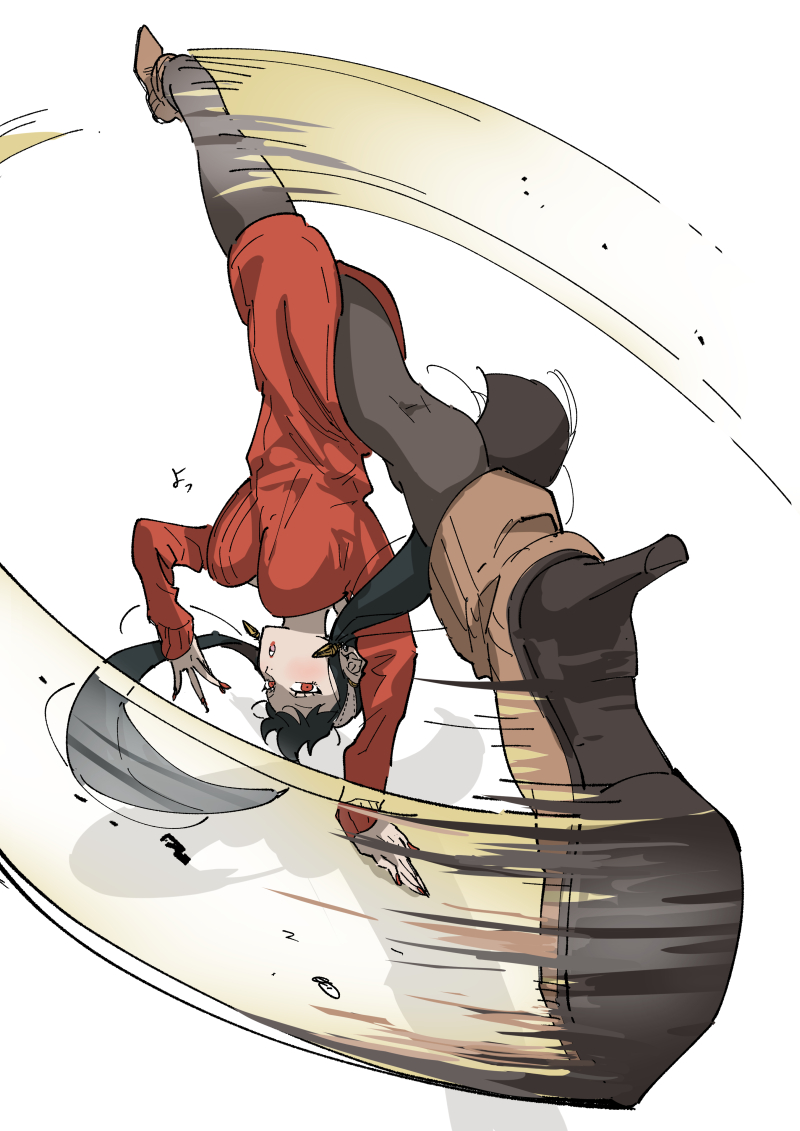 1girl black_hair boots breasts brown_boots commentary dress earrings full_body gold_earrings hairband handstand high_heel_boots high_heels jewelry kicking korokoro_daigorou large_breasts light_blush long_hair long_sleeves motion_lines one_arm_handstand pantyhose red_eyes red_nails red_sweater sidelocks solo spinning_bird_kick spy_x_family sweater sweater_dress upside-down white_background white_hairband yor_briar