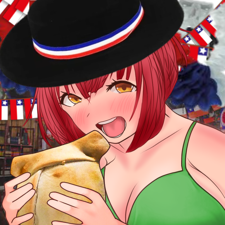 1girl :d bad_id bad_instagram_id bikini black_hat blush breasts celebration chile chilean_flag cleavage eating empanada flag food green_bikini happy hat holding holding_food ibispaint_(medium) looking_at_viewer open_mouth orange_eyes original party red_hair sarywaifu sarywapo self-upload short_hair smile solo swimsuit teeth upper_body