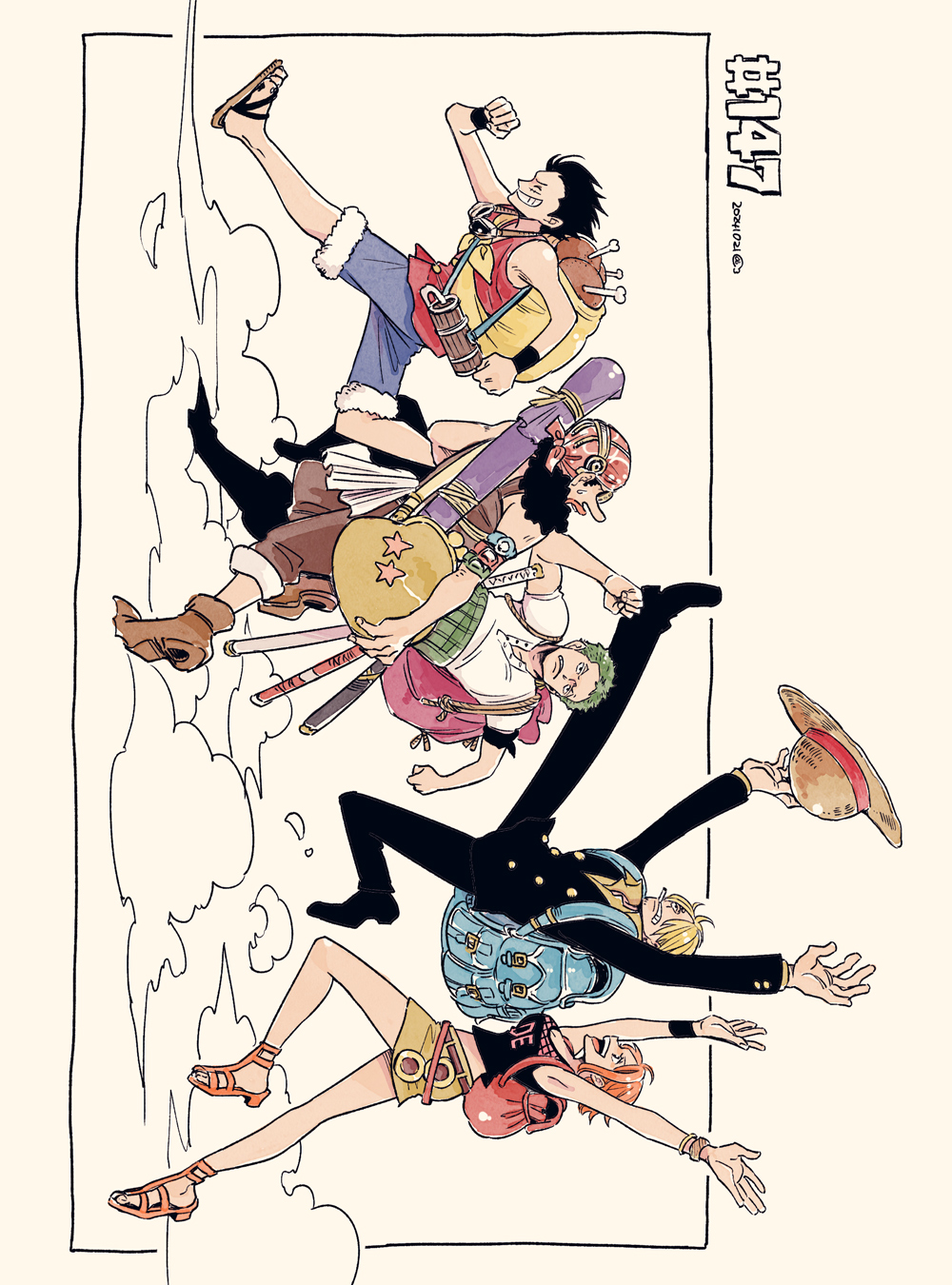 1girl 4boys ^_^ arms_up bag black_hair black_overalls black_suit black_tank_top blonde_hair blue_shorts boots clenched_hands closed_eyes commentary_request food formal_clothes full_body green_hair hair_over_one_eye haramaki hat hatch_(8cco) highres meat monkey_d._luffy multiple_boys nami_(one_piece) nami_(one_piece)_(whisky_peak) one_piece orange_hair overalls profile red_shirt roronoa_zoro running sandals sanji_(one_piece) sash satchel shirt shorts shoulder_bag skirt sleeveless smile smoke straw_hat suit tank_top usopp white_sash wristband