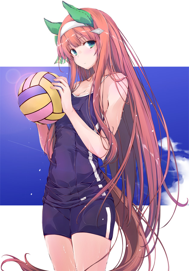 1girl animal_ears ball blue_eyes blue_one-piece_swimsuit blue_sky breasts cloud commentary_request competition_school_swimsuit cowboy_shot ear_covers hairband hime_cut holding holding_ball horse_ears horse_girl horse_tail long_hair one-piece_swimsuit orange_hair school_swimsuit silence_suzuka_(umamusume) sky small_breasts solo standing swimsuit tail tracen_swimsuit umamusume very_long_hair volleyball_(object) white_hairband yumesato_makura