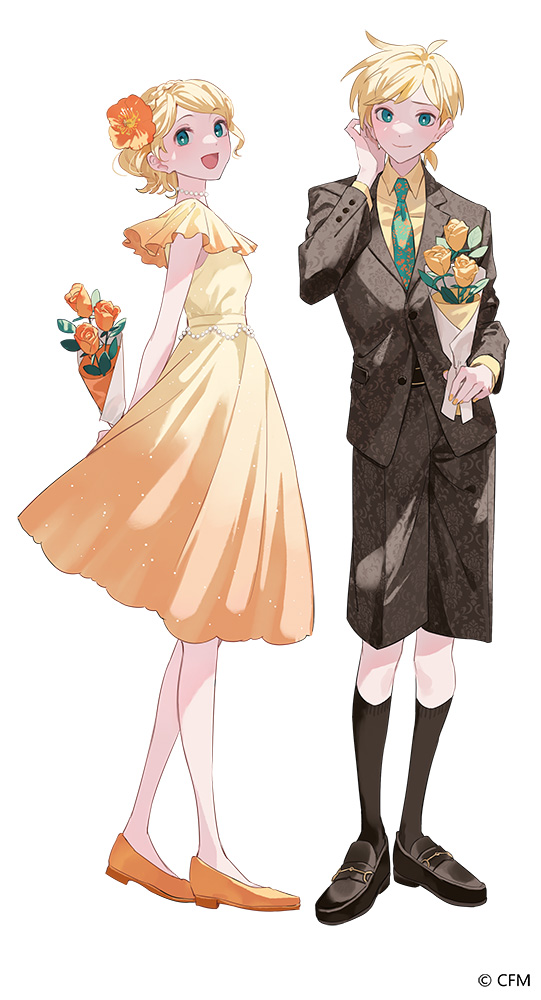 1boy 1girl :d aqua_eyes black_footwear black_jacket black_shorts black_socks blonde_hair blush bouquet closed_mouth collared_shirt copyright_notice dress flower full_body green_necktie holding holding_bouquet jacket kagamine_len kagamine_rin lapels multicolored_necktie necktie notched_lapels official_art open_mouth orange_flower orange_shoes pearl_choker shirt shoes shorts simple_background smile socks standing suit_jacket tongue ugonba_(howatoro) vocaloid white_background yellow_dress yellow_flower yellow_shirt