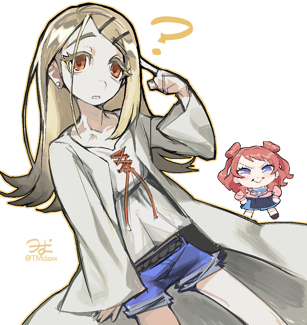 2girls ? blonde_hair blue_eyes blue_shorts camisole chibi closed_mouth colored_eyelashes finger_to_head flipped_hair gakuen_idolmaster hair_ornament hairclip hanami_saki hands_on_own_hips idolmaster long_hair long_sleeves looking_at_viewer mini_person minigirl multiple_girls orange_eyes outline red_hair shinosawa_hiro shorts simple_background smile standing white_background white_camisole yuuo_(tmdaxx)