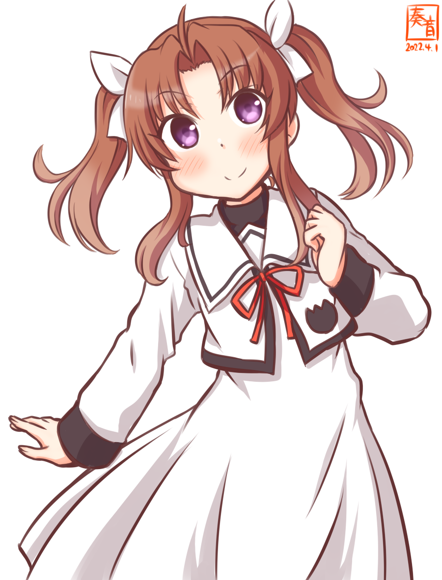 1girl ahoge artist_logo brown_hair commentary_request cosplay cowboy_shot dated dress hair_ribbon kagerou_(kancolle) kagerou_kai_ni_(kancolle) kanon_(kurogane_knights) kantai_collection logo long_hair look-alike looking_at_viewer lyrical_nanoha mahou_shoujo_lyrical_nanoha one-hour_drawing_challenge purple_eyes ribbon school_uniform seishou_elementary_school_uniform simple_background solo standing takamachi_nanoha takamachi_nanoha_(cosplay) twintails white_background white_dress white_ribbon