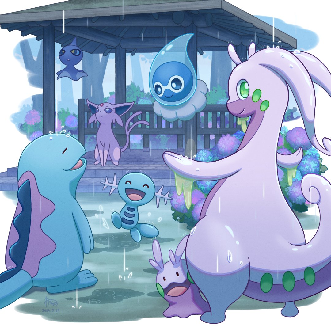 blue_eyes castform castform_(rainy) closed_eyes closed_mouth espeon flower gen_2_pokemon gen_3_pokemon gen_6_pokemon goodra goomy green_eyes nintendo open_mouth pokemon pokemon_(creature) purple_eyes quagsire rain shuppet smile wataame4907 wet wooper